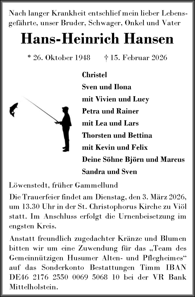  Traueranzeige für Hans-Heinrich Hansen vom 21.02.2026 aus Region Flensburg