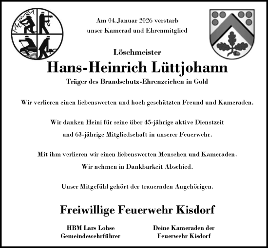 Traueranzeige von Hans-Heinrich Lüttjohann von Umschau