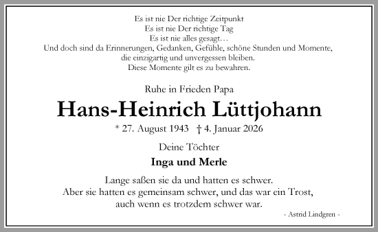 Traueranzeige von Hans-Heinrich Lüttjohann von Umschau