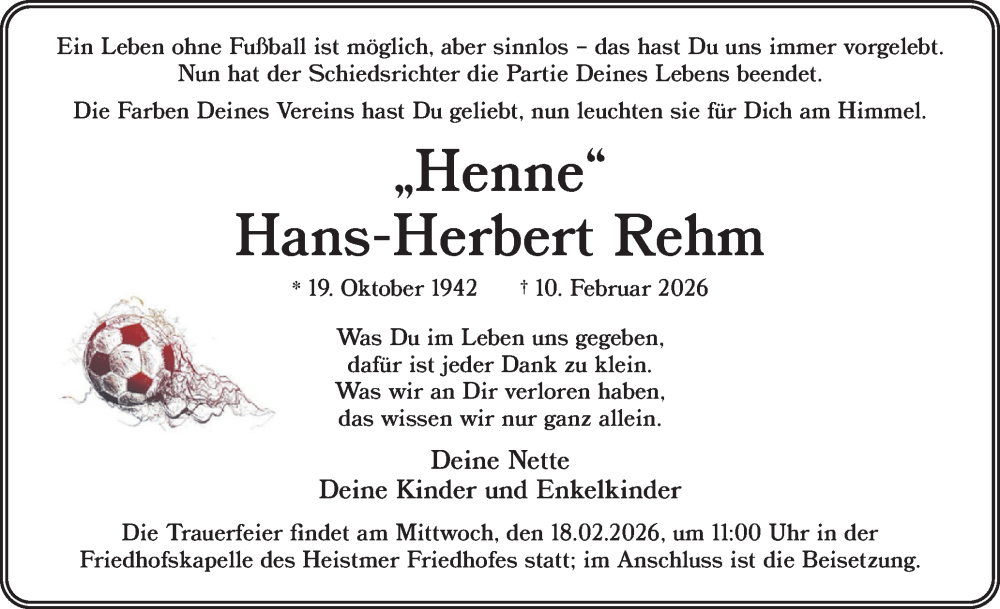  Traueranzeige für Hans-Herbert Rehm vom 14.02.2026 aus Uetersener Nachrichten, Der tip am Wochenende