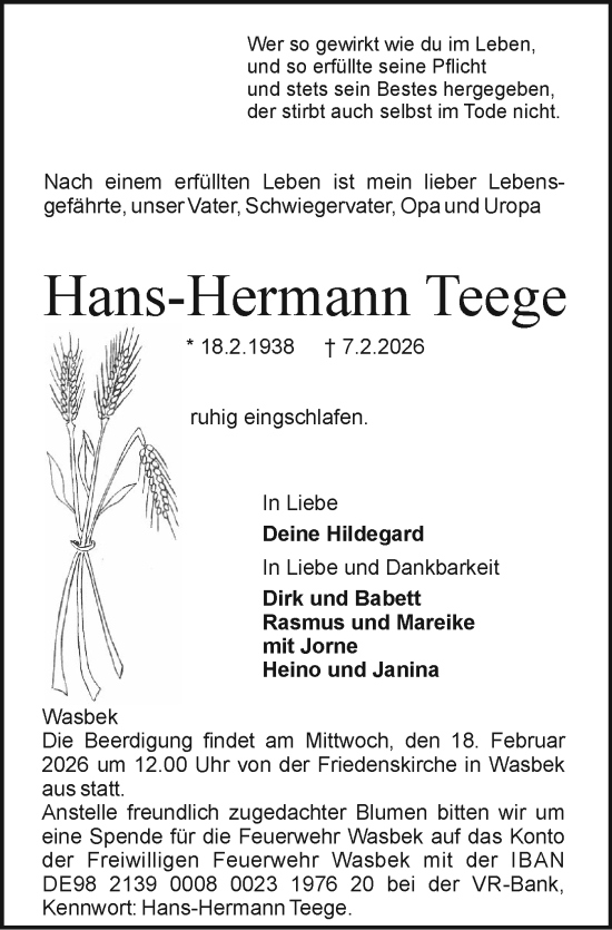 Traueranzeige von Hans-Hermann Teege von Holsteinischer Courier
