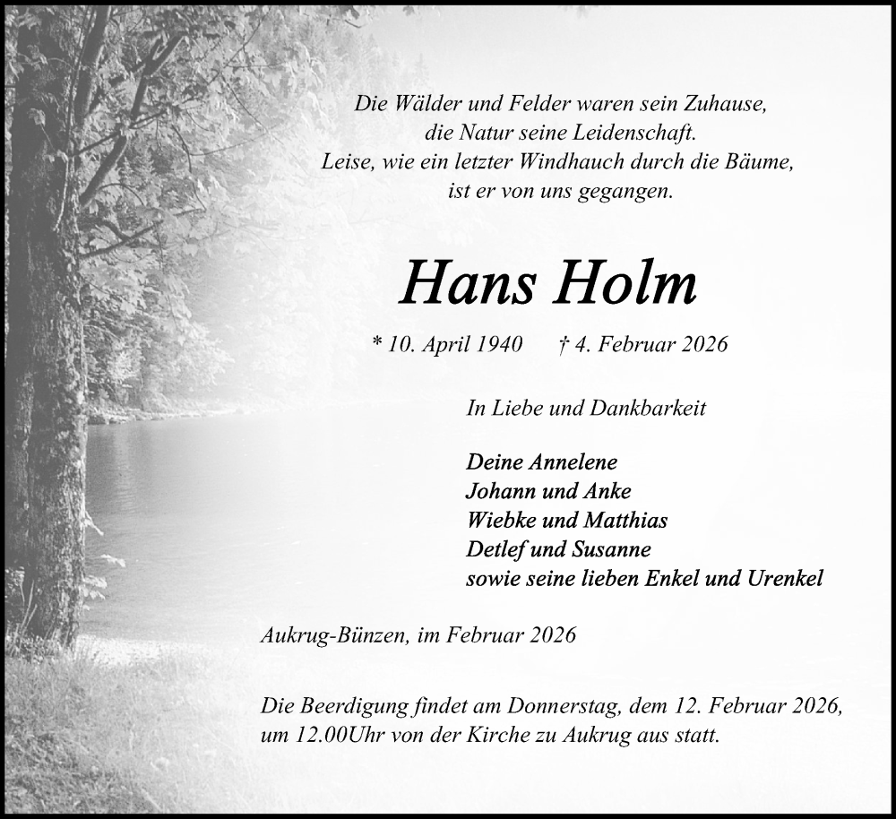  Traueranzeige für Hans Holm vom 07.02.2026 aus Schleswig-Holsteinische Landeszeitung