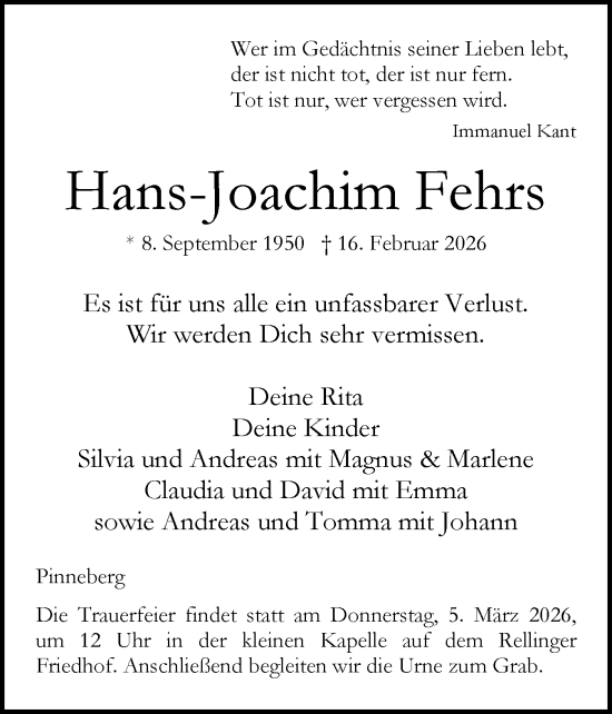 Traueranzeige von Hans-Joachim Fehrs von Region Pinneberg und tip Pinneberg