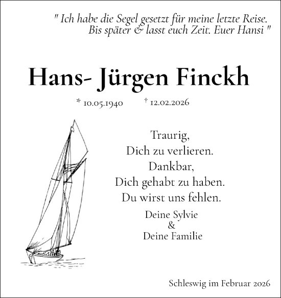 Traueranzeige von Hans-Jürgen Finckh von Schleswiger Nachrichten, Schlei-Bote