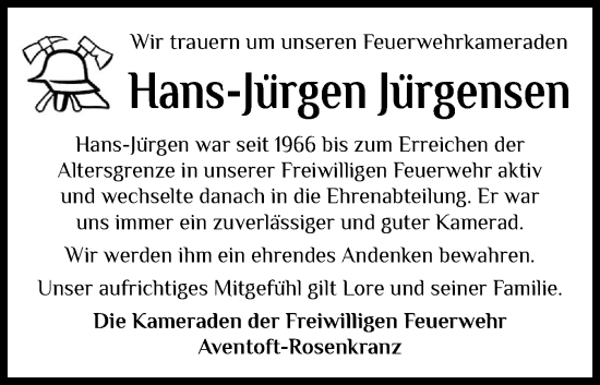 Traueranzeige von Hans-Jürgen Jürgensen von Husumer Nachrichten, Nordfriesland Tageblatt