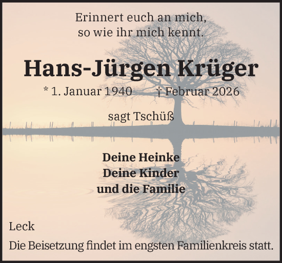 Traueranzeige von Hans-Jürgen Krüger von Husumer Nachrichten, Nordfriesland Tageblatt
