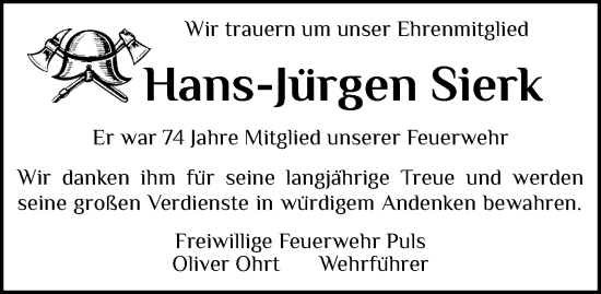 Traueranzeige von Hans-Jürgen Sierk von Norddeutsche Rundschau, Wilstersche Zeitung, Glückstädter Fortuna