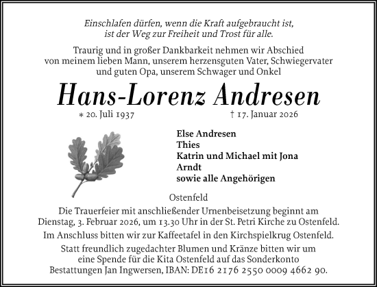 Traueranzeige von Hans-Lorenz Andresen von Husumer Nachrichten, Nordfriesland Tageblatt