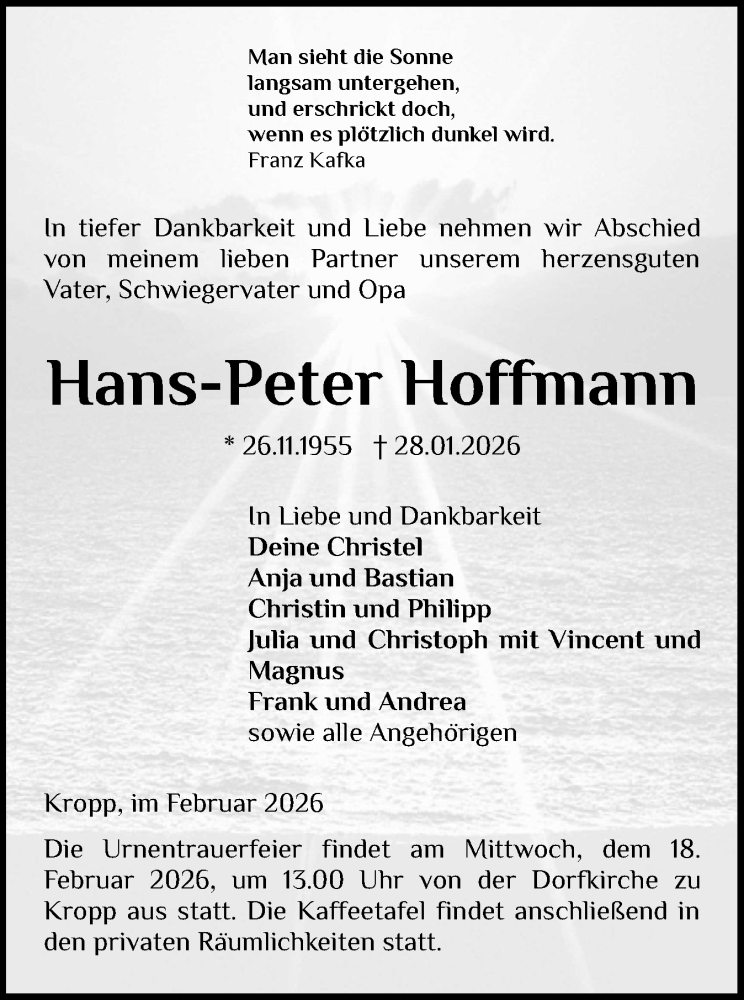  Traueranzeige für Hans-Peter Hoffmann vom 14.02.2026 aus Schleswig-Holsteinische Landeszeitung