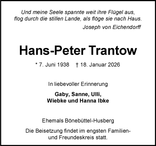 Traueranzeige von Hans-Peter Trantow von Holsteinischer Courier