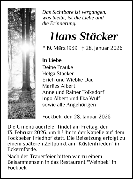 Traueranzeige von Hans Stäcker von Schleswig-Holsteinische Landeszeitung