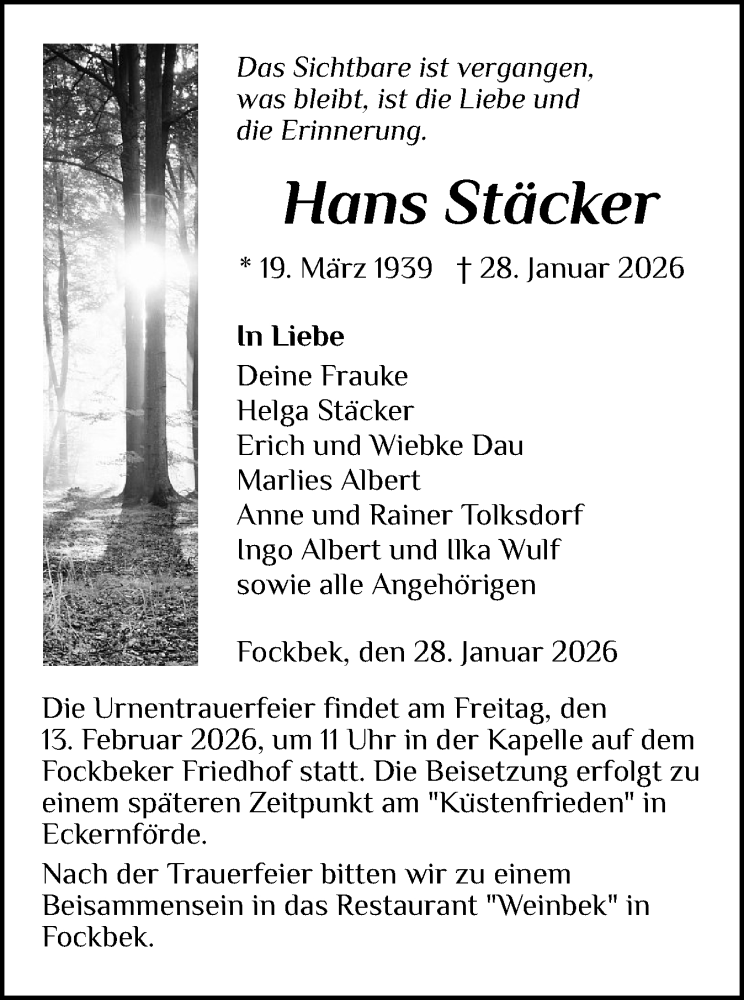  Traueranzeige für Hans Stäcker vom 07.02.2026 aus Schleswig-Holsteinische Landeszeitung