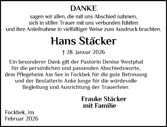 Traueranzeige von Hans Stäcker von Schleswig-Holsteinische Landeszeitung