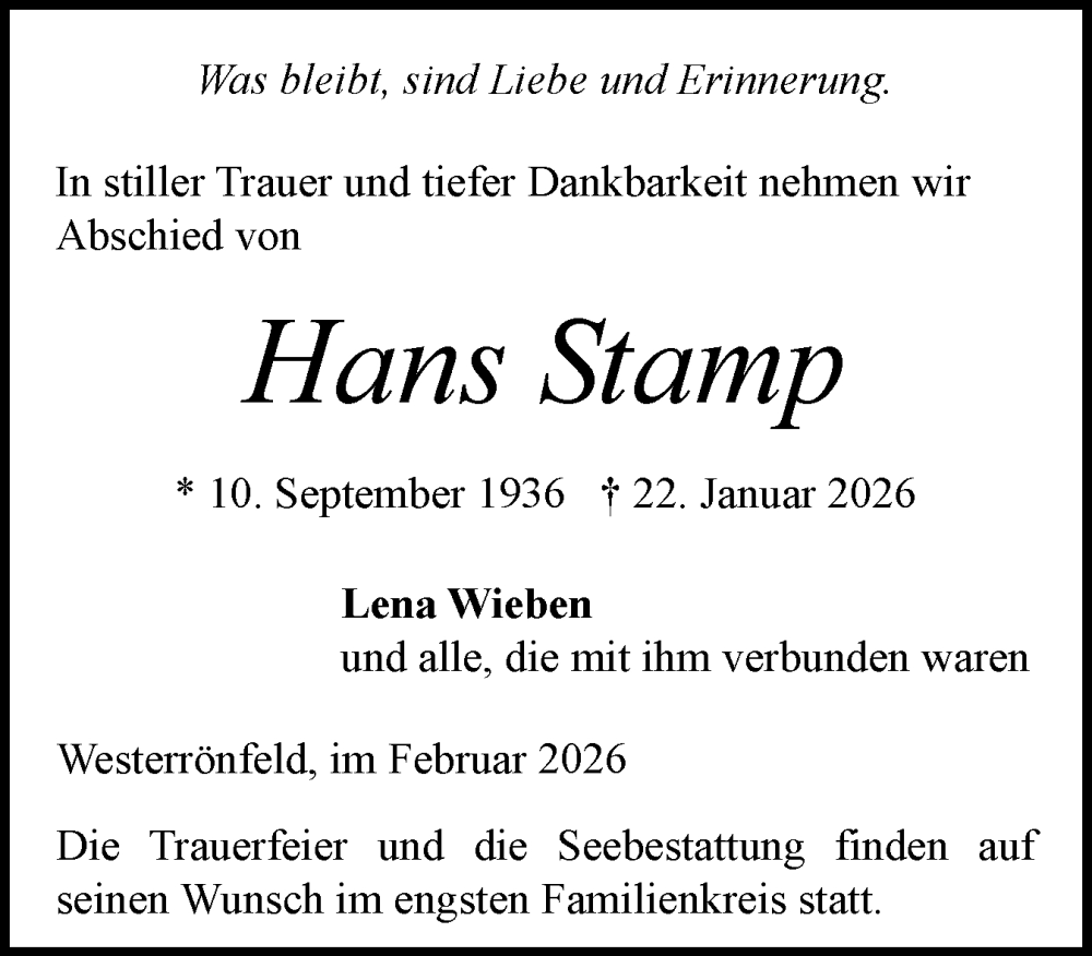  Traueranzeige für Hans Stamp vom 14.02.2026 aus Schleswig-Holsteinische Landeszeitung