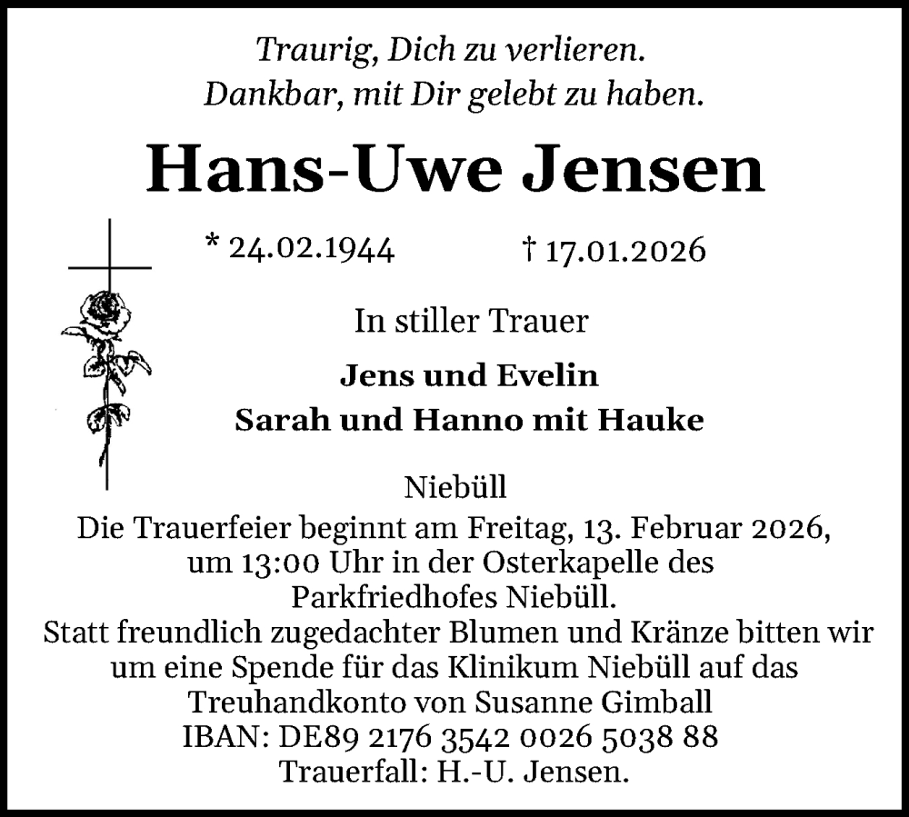  Traueranzeige für Hans-Uwe Jensen vom 24.01.2026 aus Husumer Nachrichten, Nordfriesland Tageblatt
