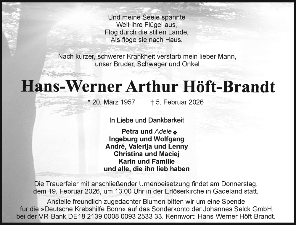  Traueranzeige für Hans-Werner Arthur Höft-Brandt vom 14.02.2026 aus Holsteinischer Courier