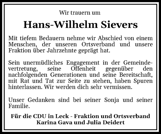 Traueranzeige von Hans-Wilhelm Sievers von Husumer Nachrichten, Nordfriesland Tageblatt