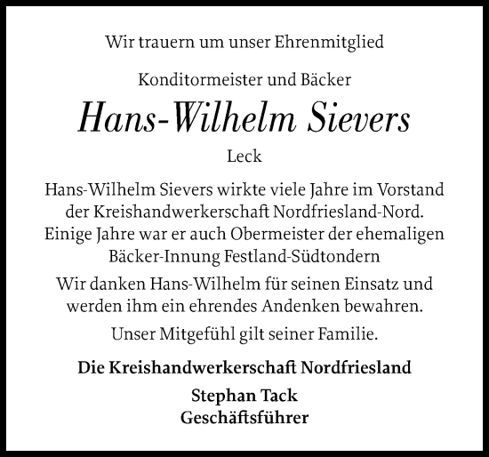 Traueranzeige von Hans-Wilhelm Sievers von Husumer Nachrichten, Nordfriesland Tageblatt