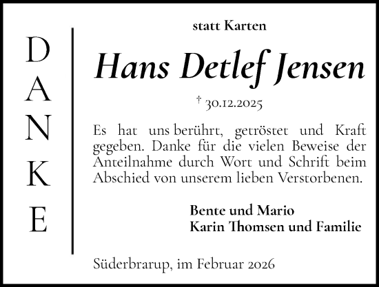 Traueranzeige von Hans Detlef Jensen von Flensburger Tageblatt, Schleswiger Nachrichten, Schlei-Bote