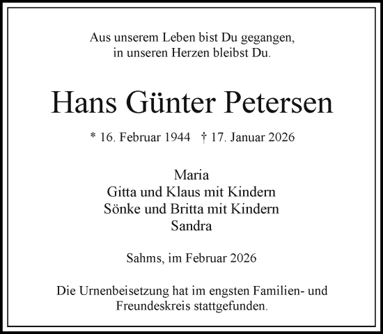 Traueranzeige von Hans Günter Petersen von Wochenend Anzeiger