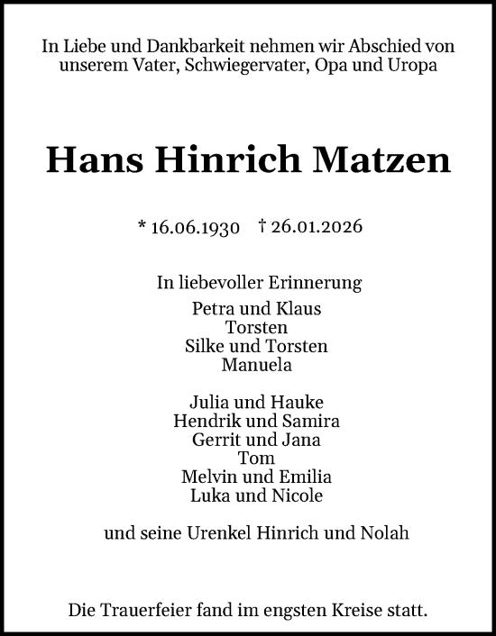 Traueranzeige von Hans Hinrich Matzen von Schleswig-Holsteinische Landeszeitung