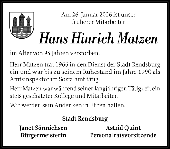 Traueranzeige von Hans Hinrich Matzen von Schleswig-Holsteinische Landeszeitung