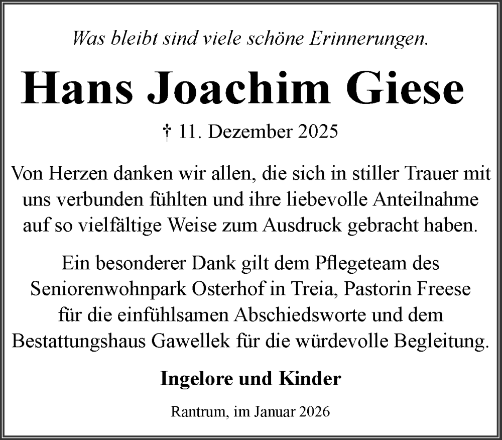  Traueranzeige für Hans Joachim Giese vom 24.01.2026 aus Husumer Nachrichten, Nordfriesland Tageblatt