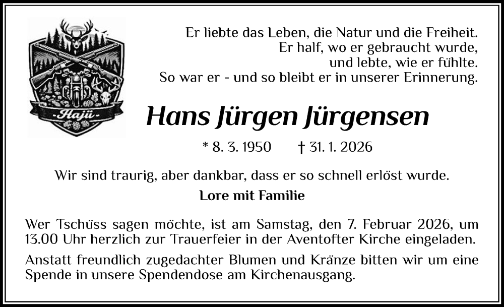  Traueranzeige für Hans Jürgen Jürgensen vom 04.02.2026 aus Husumer Nachrichten, Nordfriesland Tageblatt