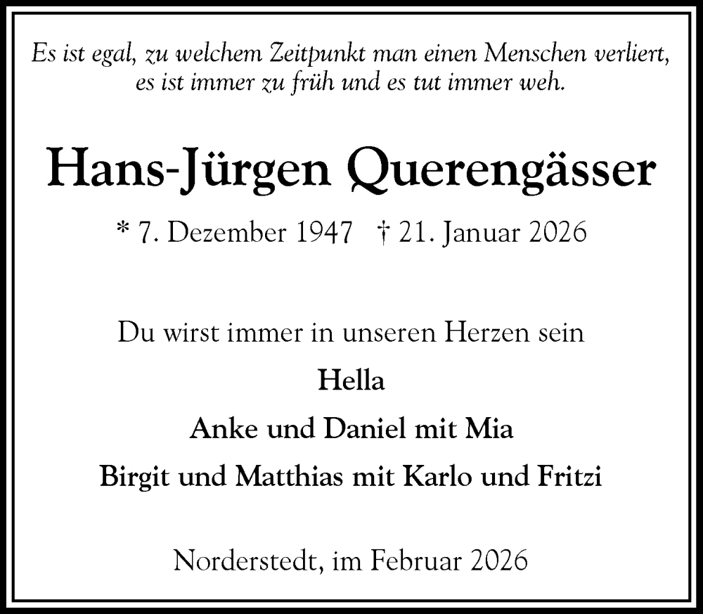  Traueranzeige für Hans Jürgen Querengässer vom 07.02.2026 aus Heimatspiegel
