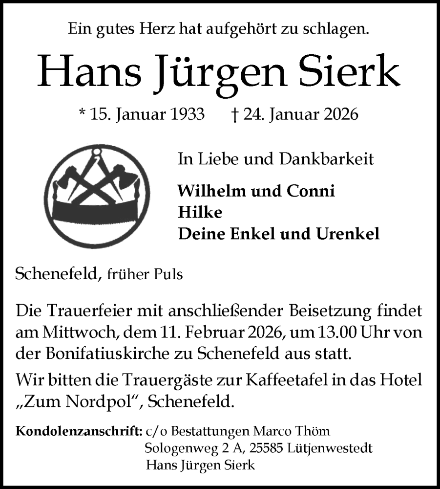  Traueranzeige für Hans Jürgen Sierk vom 07.02.2026 aus Norddeutsche Rundschau, Wilstersche Zeitung, Glückstädter Fortuna