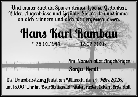Traueranzeige von Hans Karl Rambau von Eckernförder Zeitung, Hallo Eckernförde
