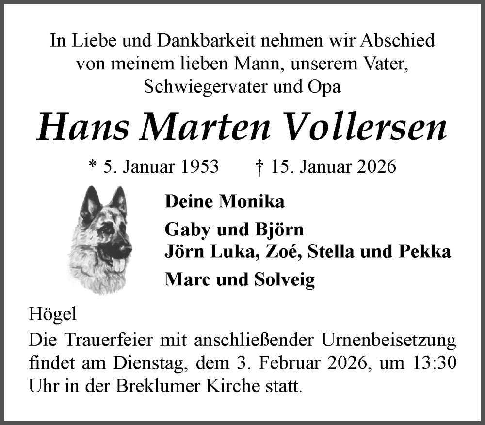  Traueranzeige für Hans Marten Vollersen vom 24.01.2026 aus Husumer Nachrichten, Nordfriesland Tageblatt
