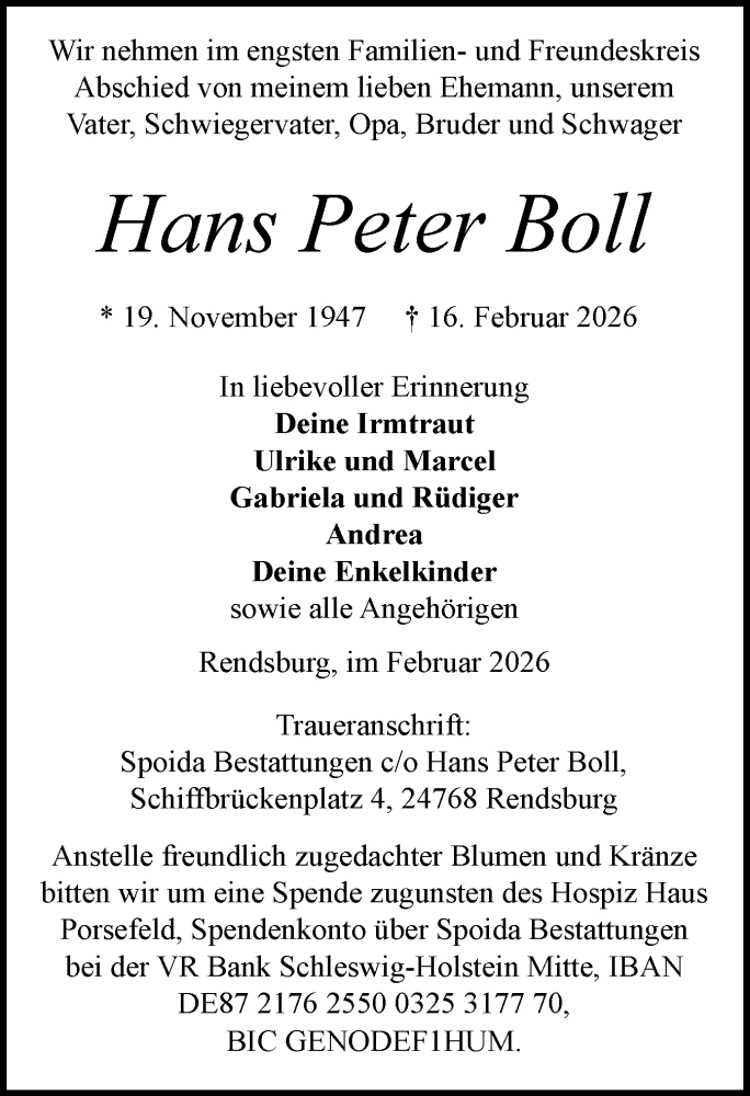  Traueranzeige für Hans Peter Boll vom 21.02.2026 aus Schleswig-Holsteinische Landeszeitung