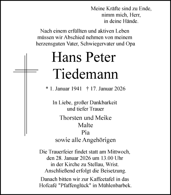 Traueranzeige von Hans Peter Tiedemann von Norddeutsche Rundschau, Wilstersche Zeitung, Glückstädter Fortuna