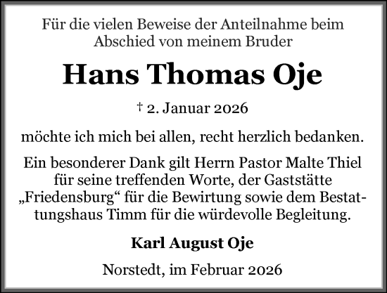 Traueranzeige von Hans Thomas Oje von Husumer Nachrichten, Nordfriesland Tageblatt