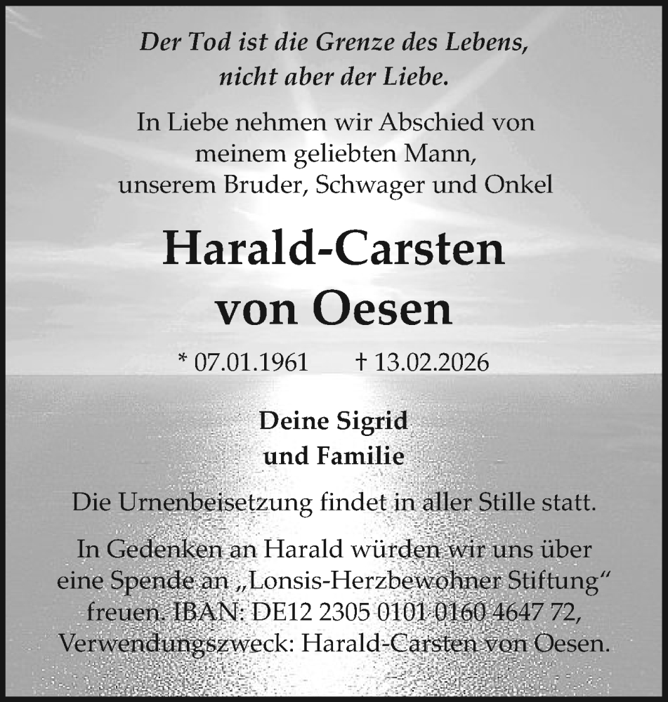  Traueranzeige für Harald-Carsten von Oesen vom 21.02.2026 aus Sylter Rundschau