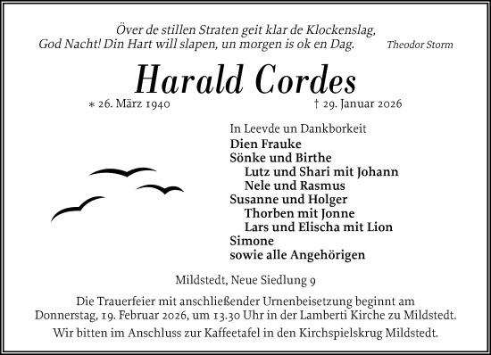 Traueranzeige von Harald Cordes von Husumer Nachrichten, Nordfriesland Tageblatt