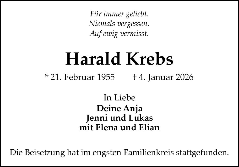  Traueranzeige für Harald Krebs vom 24.01.2026 aus Flensburger Tageblatt