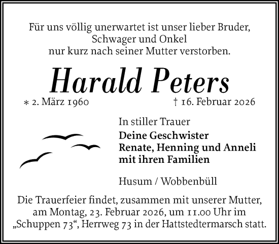 Traueranzeige von Harald Peters von Husumer Nachrichten, Nordfriesland Tageblatt