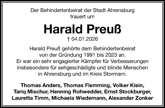 Traueranzeige von Harald Preuß von MARKT Ahrensburg/Bargteheide/Trittau und Stormarner Tageblatt
