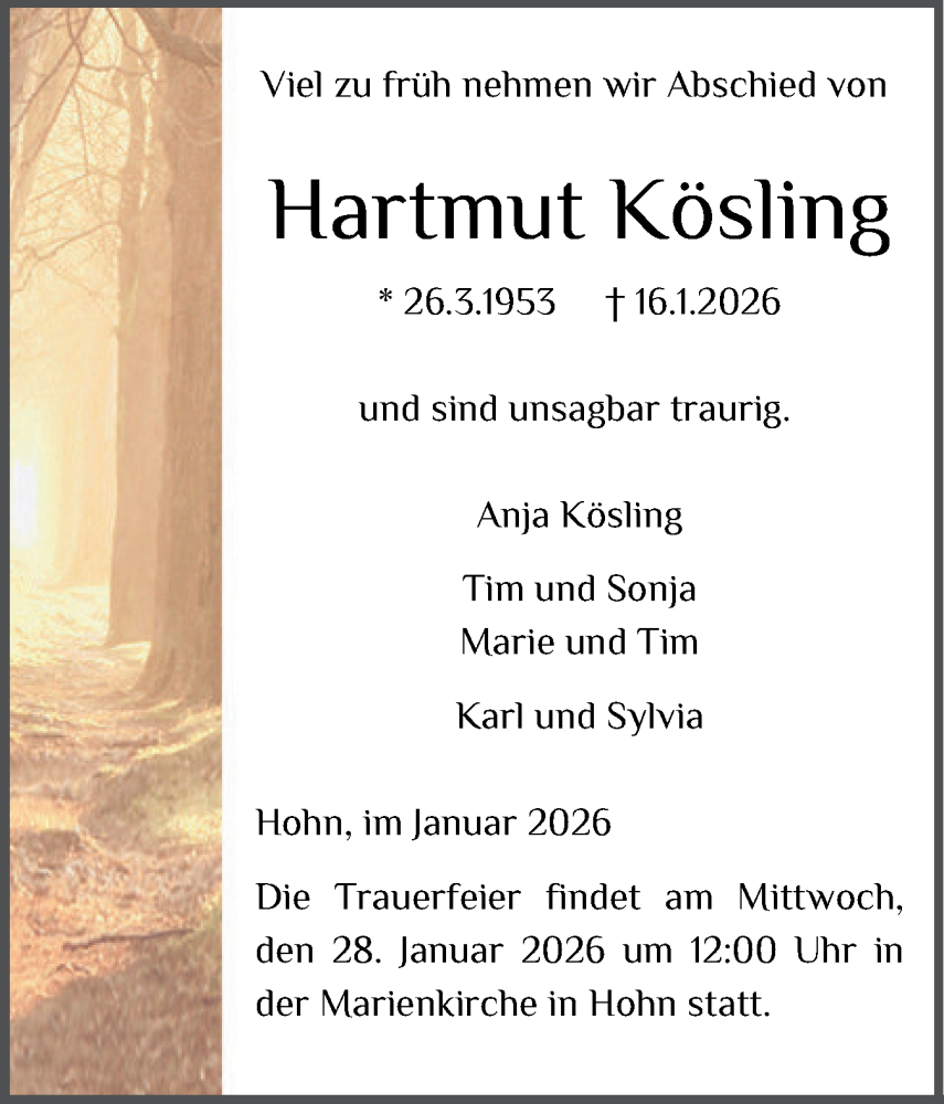  Traueranzeige für Hartmut Kösling vom 24.01.2026 aus Schleswig-Holsteinische Landeszeitung