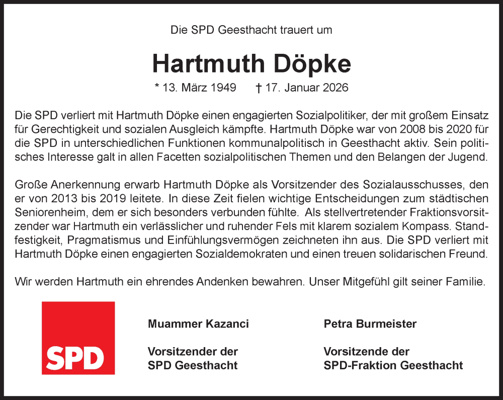  Traueranzeige für Hartmuth Döpke vom 07.02.2026 aus Wochenend Anzeiger