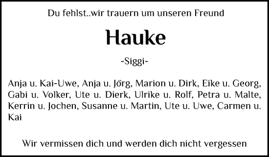 Traueranzeige von Hauke  von Husumer Nachrichten, Nordfriesland Tageblatt
