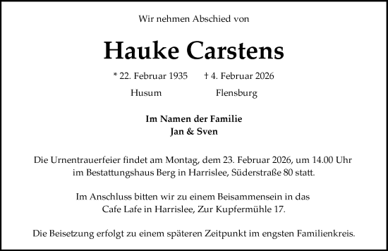 Traueranzeige von Hauke Carstens von Region Flensburg