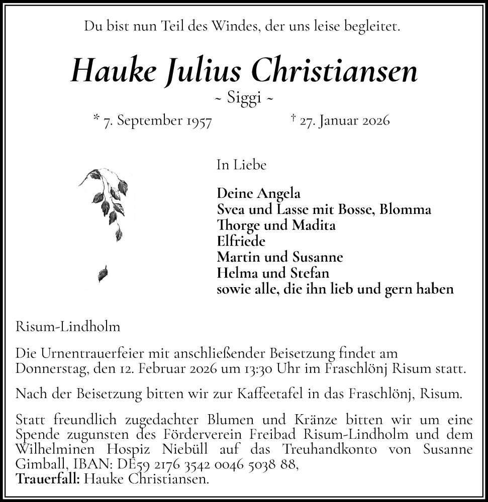  Traueranzeige für Hauke Julius Christiansen vom 04.02.2026 aus Husumer Nachrichten, Nordfriesland Tageblatt