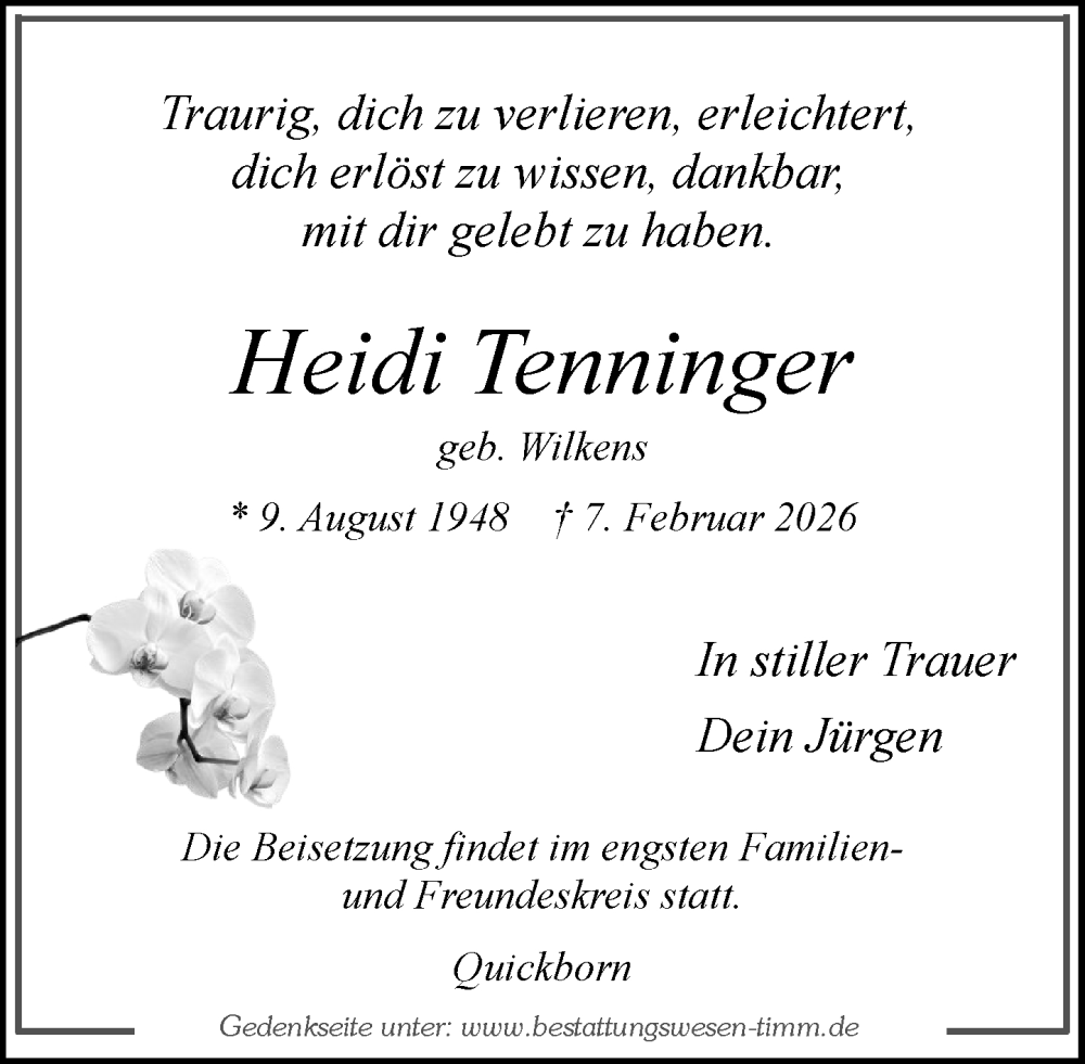  Traueranzeige für Heidi Tenninger vom 21.02.2026 aus Umschau