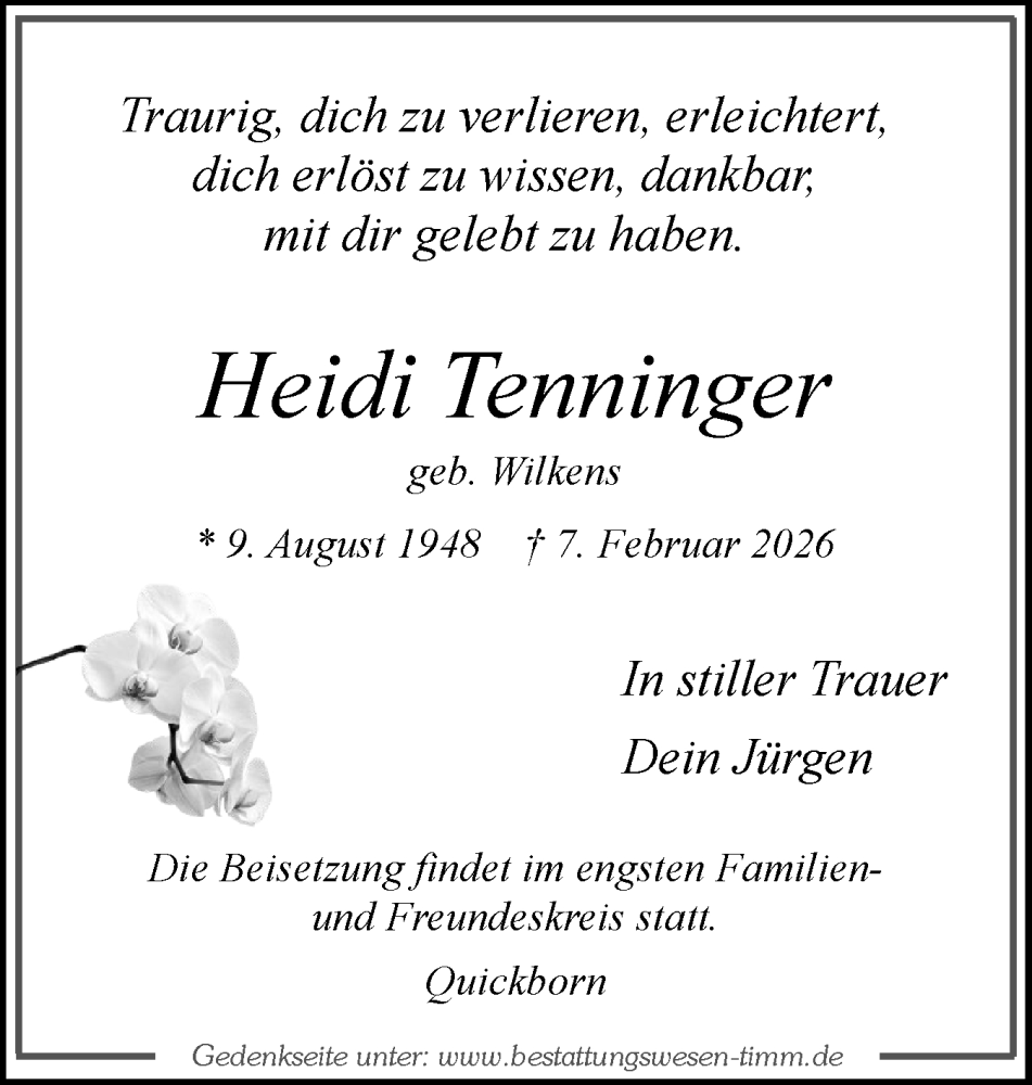  Traueranzeige für Heidi Tenninger vom 21.02.2026 aus Elmshorner Nachrichten, Barmstedter Zeitung