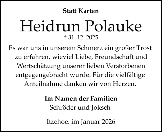 Traueranzeige von Heidrun Polauke von Norddeutsche Rundschau, Wilstersche Zeitung, Glückstädter Fortuna