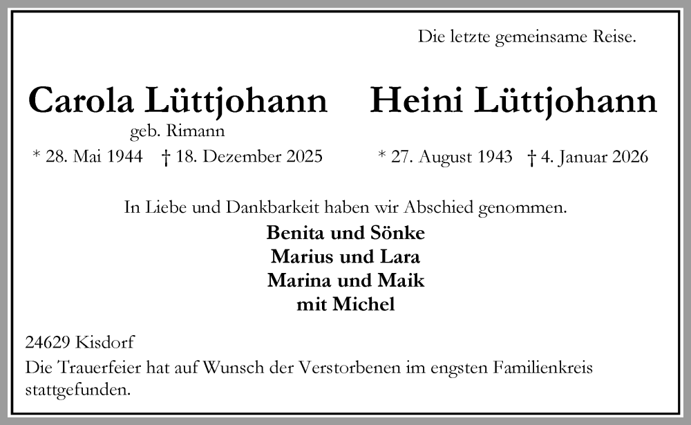  Traueranzeige für Heini Lüttjohann vom 14.02.2026 aus Umschau