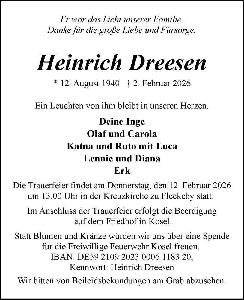  Traueranzeige für Heinrich Dreesen vom 07.02.2026 aus Eckernförder Zeitung, Hallo Eckernförde